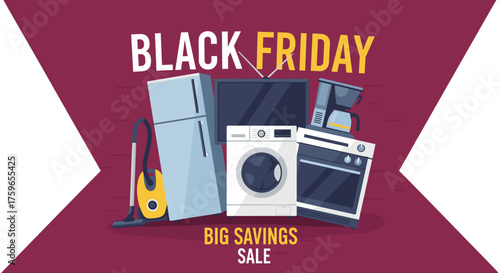 Black Friday sale illustration with home appliances and big savings text