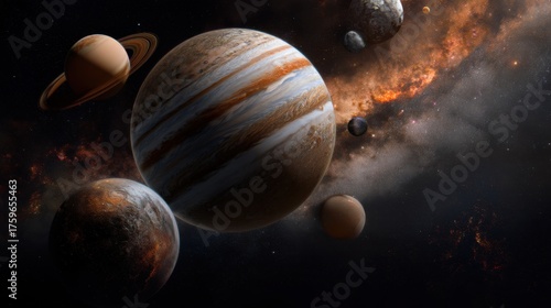 Stunning view of the solar system showcasing Jupiter and surrounding planets against a cosmic backdrop