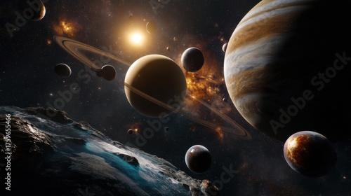 Exploring the vastness of the solar system with planets, moons, and distant stars illuminated by the sun