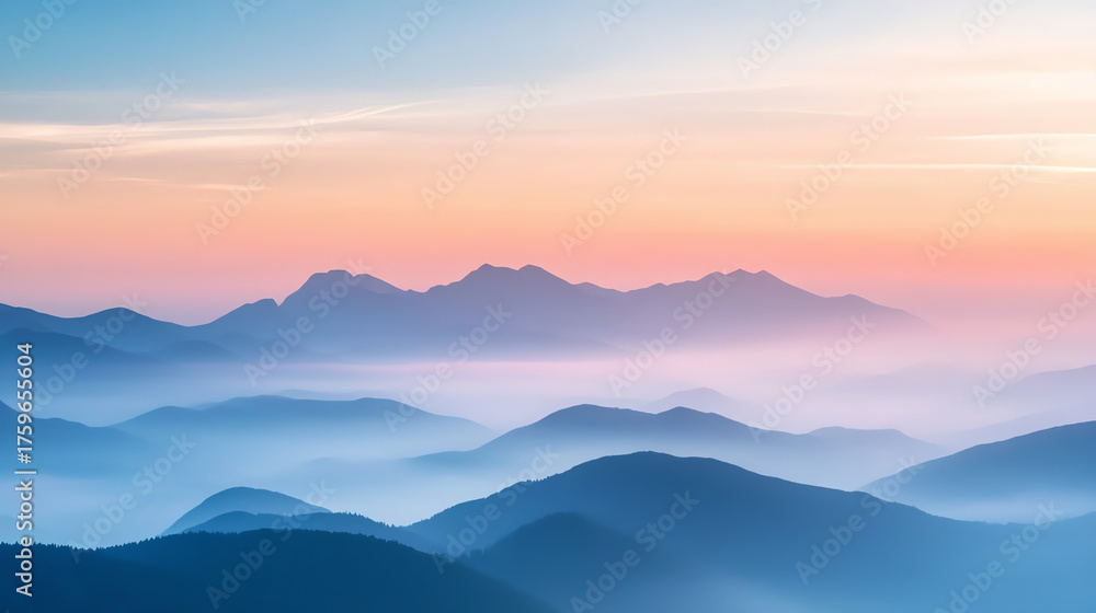 Fototapeta premium Dreamy layered mountain scene with fog and pastel sunset colors