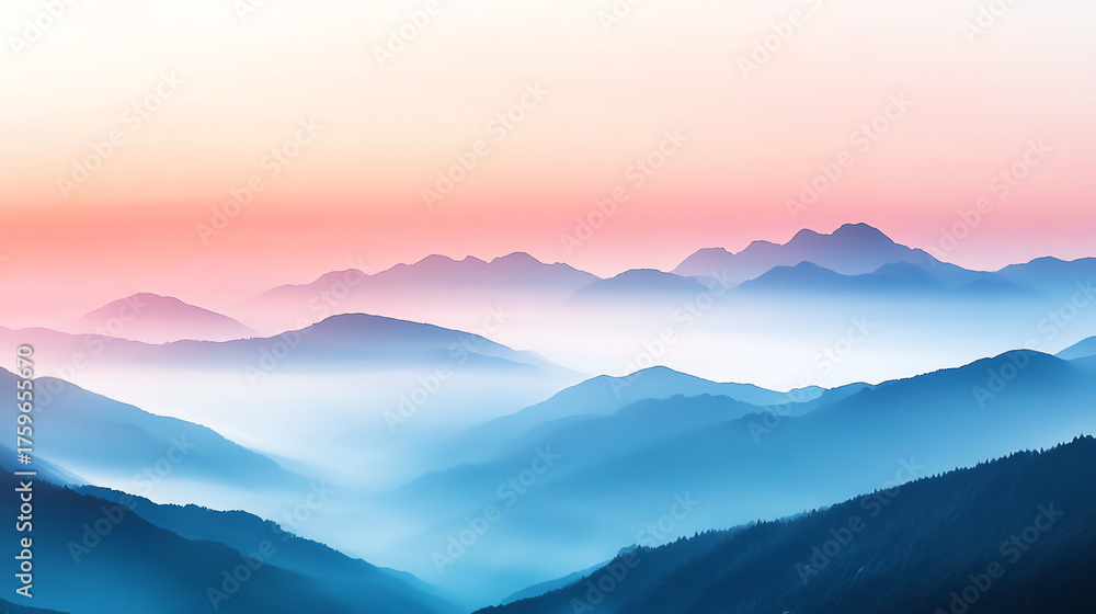 Obraz premium Dreamy layered mountain scene with fog and pastel sunset colors