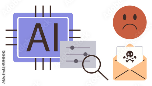 AI chip with circuits, settings panel, magnifying glass, sad face, and virus email. Ideal for cybersecurity, AI monitoring, online safety, cybercrime email filtering threat detection simple flat