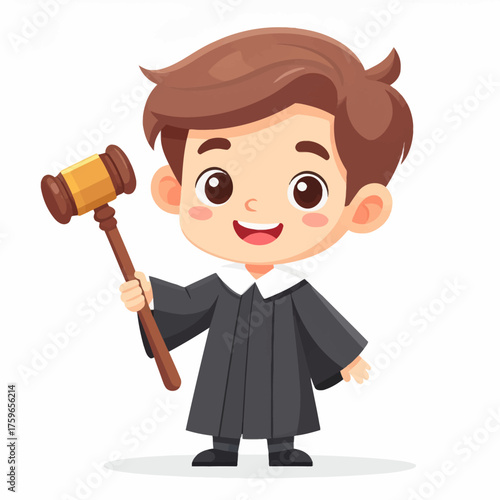 Happy Boy Judge Holding Gavel Smiling in Black Robe Cartoon Illustration on White Background
