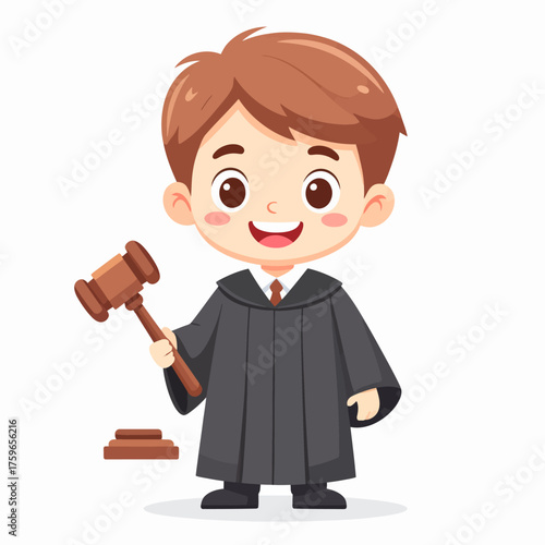 Happy Boy Judge Holding Gavel Smiling in Black Robe Cartoon Illustration on White Background