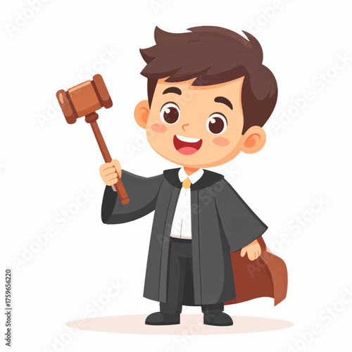 Happy Boy Judge Holding Gavel Smiling in Black Robe Cartoon Illustration on White Background