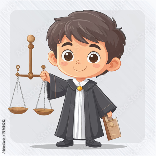 Happy Young Boy Judge Holding Scale of Justice in Black Robe Cartoon Illustration