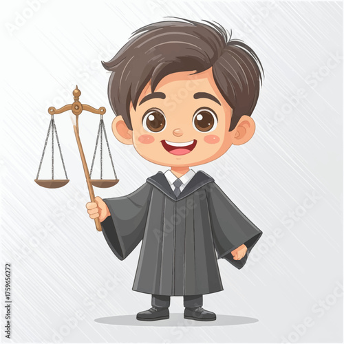 Happy Young Boy Judge Holding Scale of Justice in Black Robe Cartoon Illustration