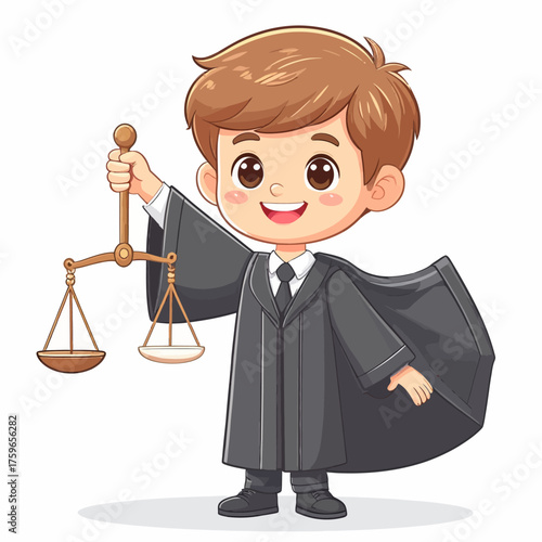 Happy Young Boy Judge Holding Scale of Justice in Black Robe Cartoon Illustration