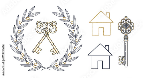 Elegant real estate vector elements with key wreath, house icon, and detailed key for luxury property branding