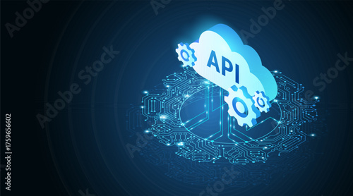 API cloud and gears connected to data network - abstract technology background vector