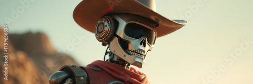 A robotic cowboy skeleton with a weathered hat and scarf stands against a blurred desert backdrop, creating a unique futuristic western scene indeed.