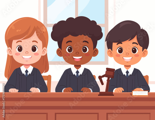 Kids in Courtroom Cartoon Illustration Depicting Fairness and Justice in Law
