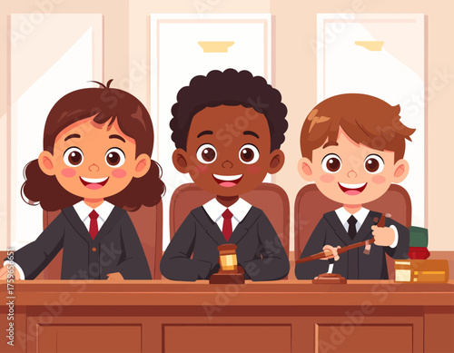Kids in Courtroom Cartoon Illustration Depicting Fairness and Justice in Law

