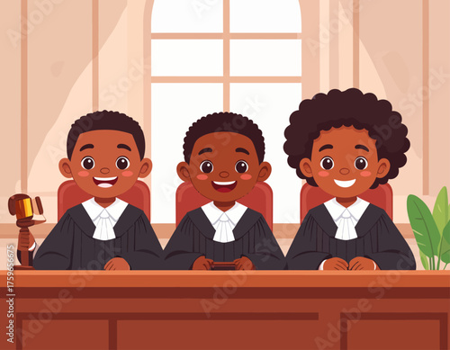 Kids in Courtroom Cartoon Illustration Depicting Fairness and Justice in Law

