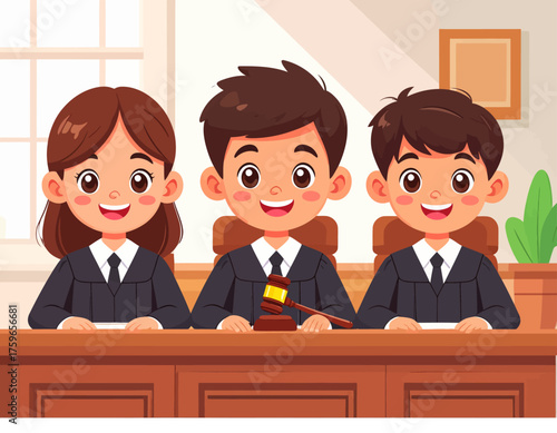 Kids in Courtroom Cartoon Illustration Depicting Fairness and Justice in Law
