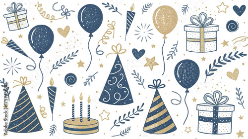 Seamless doodle party pattern  hand-drawn line art with balloons birthday hats gifts confetti garlands background 