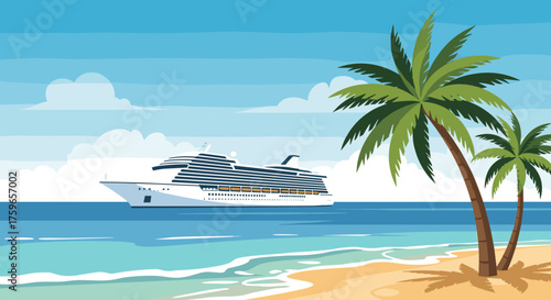 A luxurious cruise ship sails near a tropical beach with palm trees on a clear sunny day.