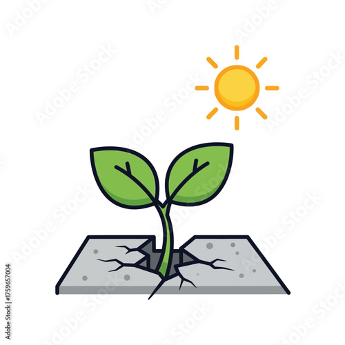 A young plant breaks through cracked concrete under the sun.