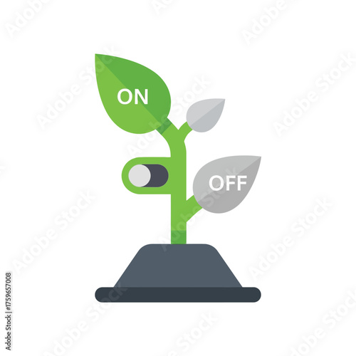 A stylized plant with leaves labeled 'ON' and 'OFF'.