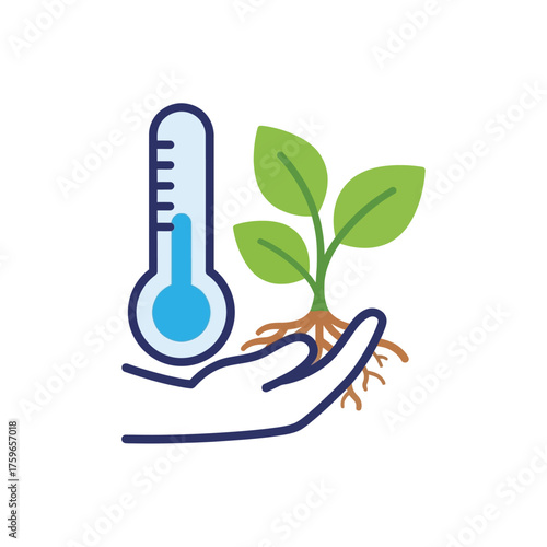 A hand holds a seedling next to a thermometer.