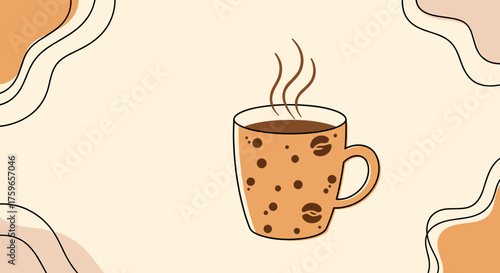 A steaming cup of coffee with a warm and inviting pattern on a neutral background.