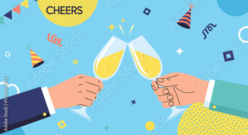 Two hands clinking champagne glasses to celebrate a special occasion.