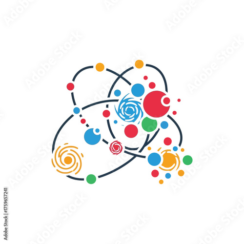 Abstract atom model with colorful orbiting particles and swirls.