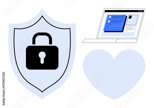 Shield with lock symbolizing security, laptop for online connectivity, and heart for trust. Ideal for data protection, cybersecurity, trust building, online safety, privacy, reliability simple flat