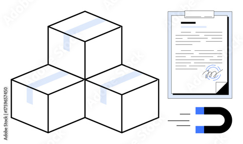 Stack of taped boxes, legal document with a signature, and a magnet. Ideal for logistics, shipping, supply chain, document signing, customer loyalty attraction and business contracts. Simple flat