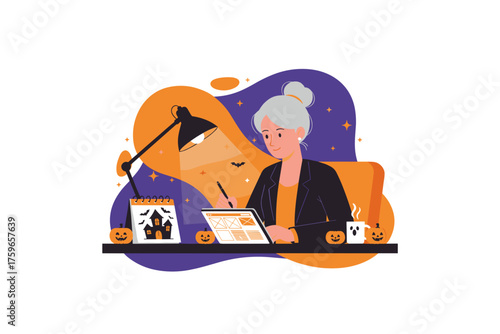 Woman working on tablet at a Halloweenthemed desk Design creativity holiday concepts