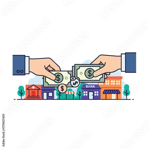 Hands exchanging money in front of bank and business buildings.