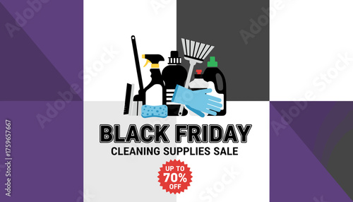 Black Friday cleaning supplies sale banner featuring detergents mop broom gloves Retail promotion