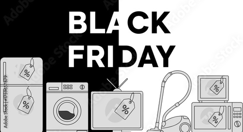 Black Friday discount banner with household appliances and percentage tags on a graphic background