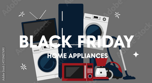 Black Friday sale banner featuring electronics and essential home appliances illustration