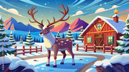 Very beautiful reindeer standing on a snowy Alaskan farm in winter, surrounded by frosted fences and gentle snowfall, capturing the serene charm and peaceful beauty of northern rural life.