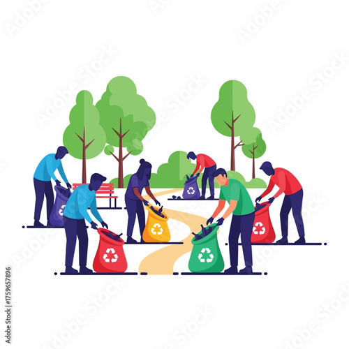 People cleaning up a park, collecting trash in recycling bags.