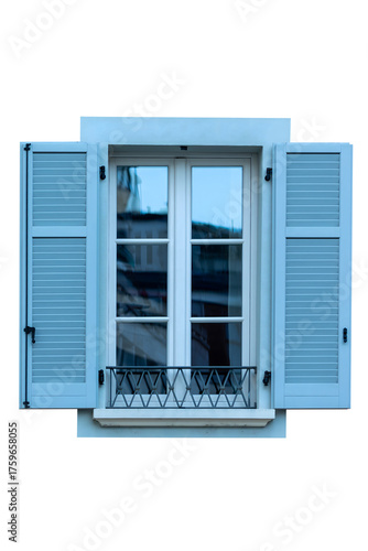 Traditional Blue French Window with Open Shutters and Decorative Balcony Railing on Transparent Background, png