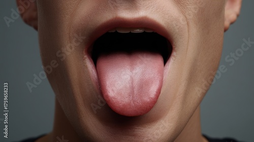 Close-up view of a person's mouth with tongue extended for a health check in a clinical environment