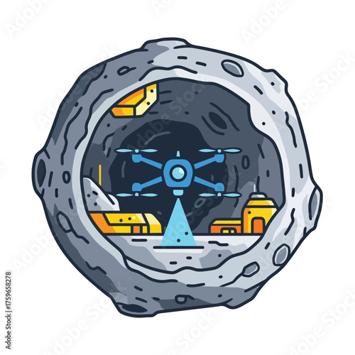 Drone exploring inside an asteroid with futuristic buildings.