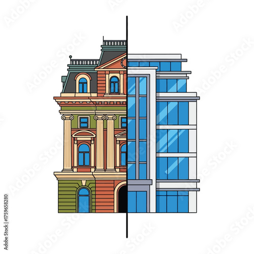 Split facade showing contrast between historic and modern architecture.