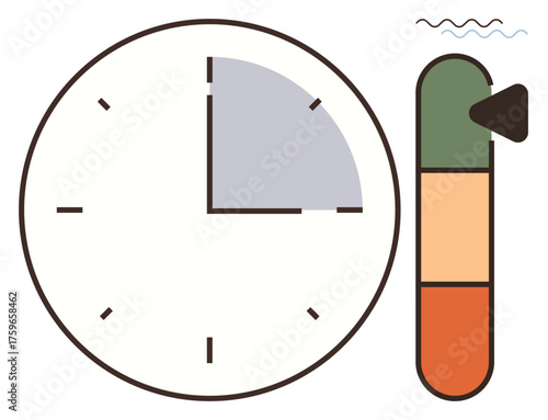 Clock showing a quarter time segment and progress bar with green, orange, and red levels. Ideal for time management, productivity, deadlines, process tracking, efficiency, prioritization simple flat