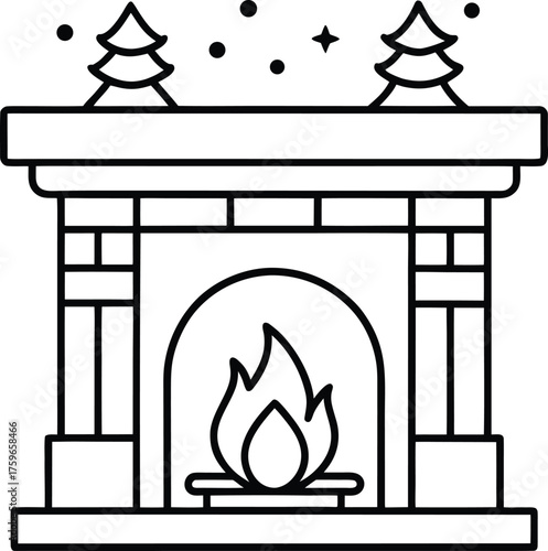 Simple black line art fireplace with flames trees hearth