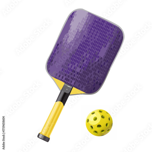 Pickleball purple color paddle with yellow color grip and yellow ball　