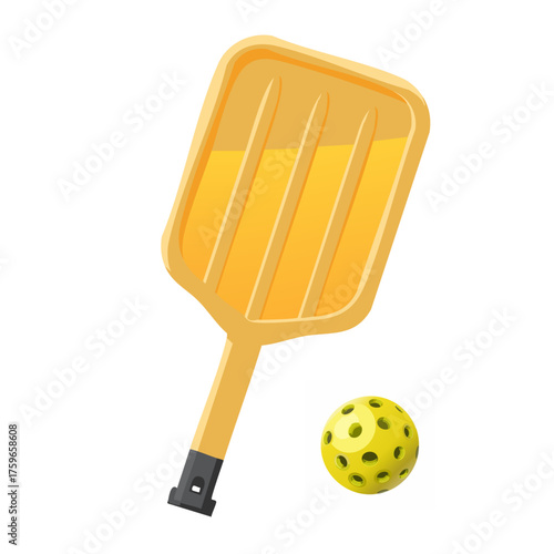 Pickleball yellow color simple paddle  and yellow ball　