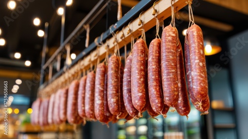Handcrafted sausages hanging in a modern deli during a busy market day