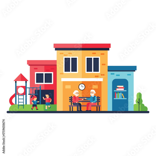 A building with a playground, elderly couple, and bookshelf.