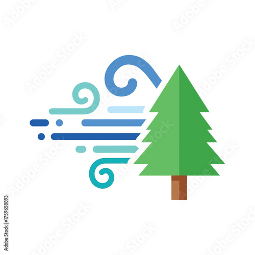 Stylized icon of a pine tree being blown by the wind.