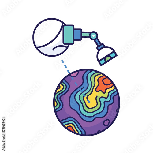 Robot arm exploring a colorful, stylized planet.