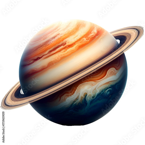 Stunning image of a ringed planet resembling Saturn, showcasing its colorful bands, gaseous atmosphere, and elegant rings against a white background. Perfect for astronomy, space, and science themes.