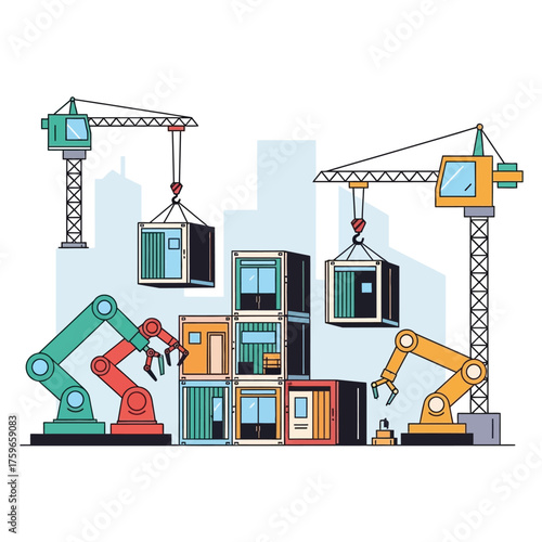 Robotic arms and cranes assemble shipping containers in a modern industrial setting.